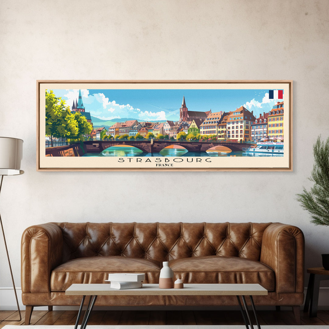 Strasbourg France Panoramic Travel Poster, Framed Canvas Print or Metal Wall Art, Travel Art, Home Decor, Panoramic Painting, Midcentury Art