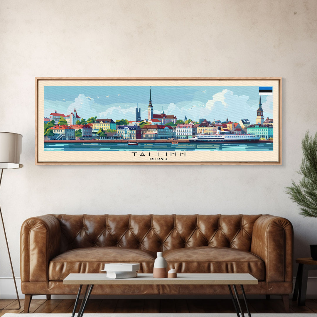 Tallinn Estonia Panoramic Travel Poster, Framed Canvas Print or Metal Wall Art, Travel Art, Home Decor, Panoramic Painting, Midcentury Art