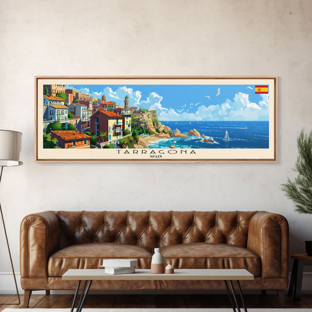 Tarragona Spain Panoramic Travel Poster, Framed Canvas Print or Metal Wall Art, Travel Art, Home Decor, Panoramic Painting, Midcentury Art