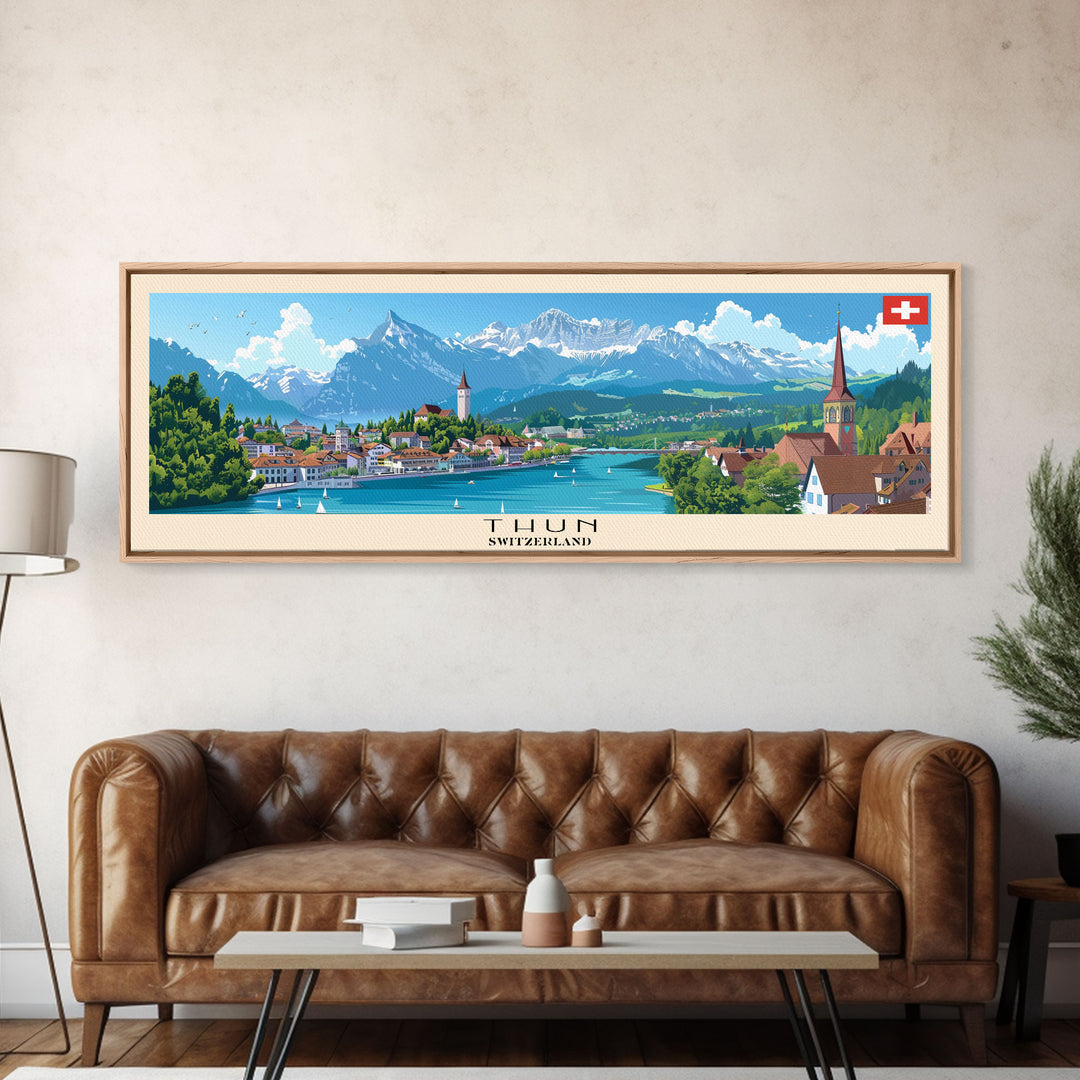 Thun Switzerland Panoramic Travel Poster, Framed Canvas Print or Metal Wall Art, Travel Art, Home Decor, Panoramic Painting, Midcentury Art