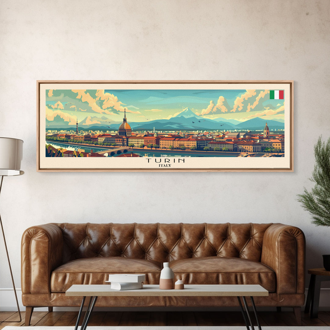 Turin Italy Panoramic Travel Poster, Framed Canvas Print or Metal Wall Art, Travel Art, Home Decor, Panoramic Painting, Midcentury Art