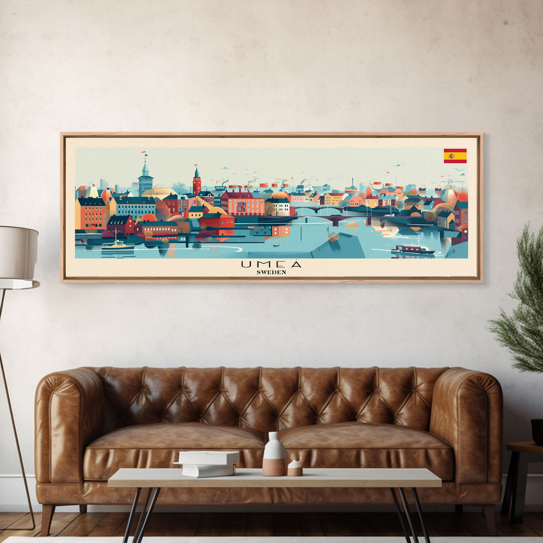 Ume Sweden Panoramic Travel Poster, Framed Canvas Print or Metal Wall Art, Travel Art, Home Decor, Panoramic Painting, Midcentury Art