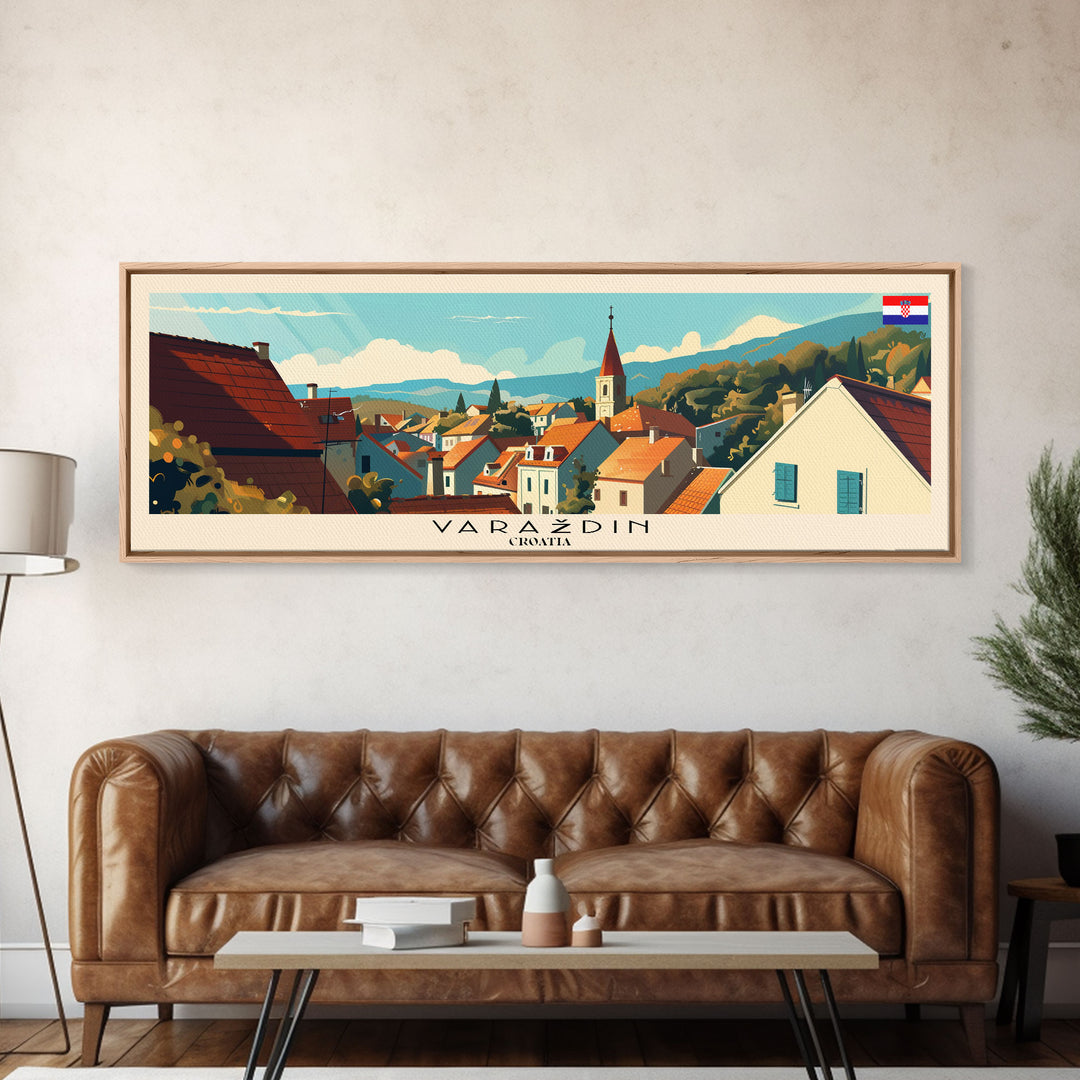 Varazdin Croatia Panoramic Travel Poster, Framed Canvas Print or Metal Wall Art, Travel Art, Home Decor, Panoramic Painting, Midcentury Art