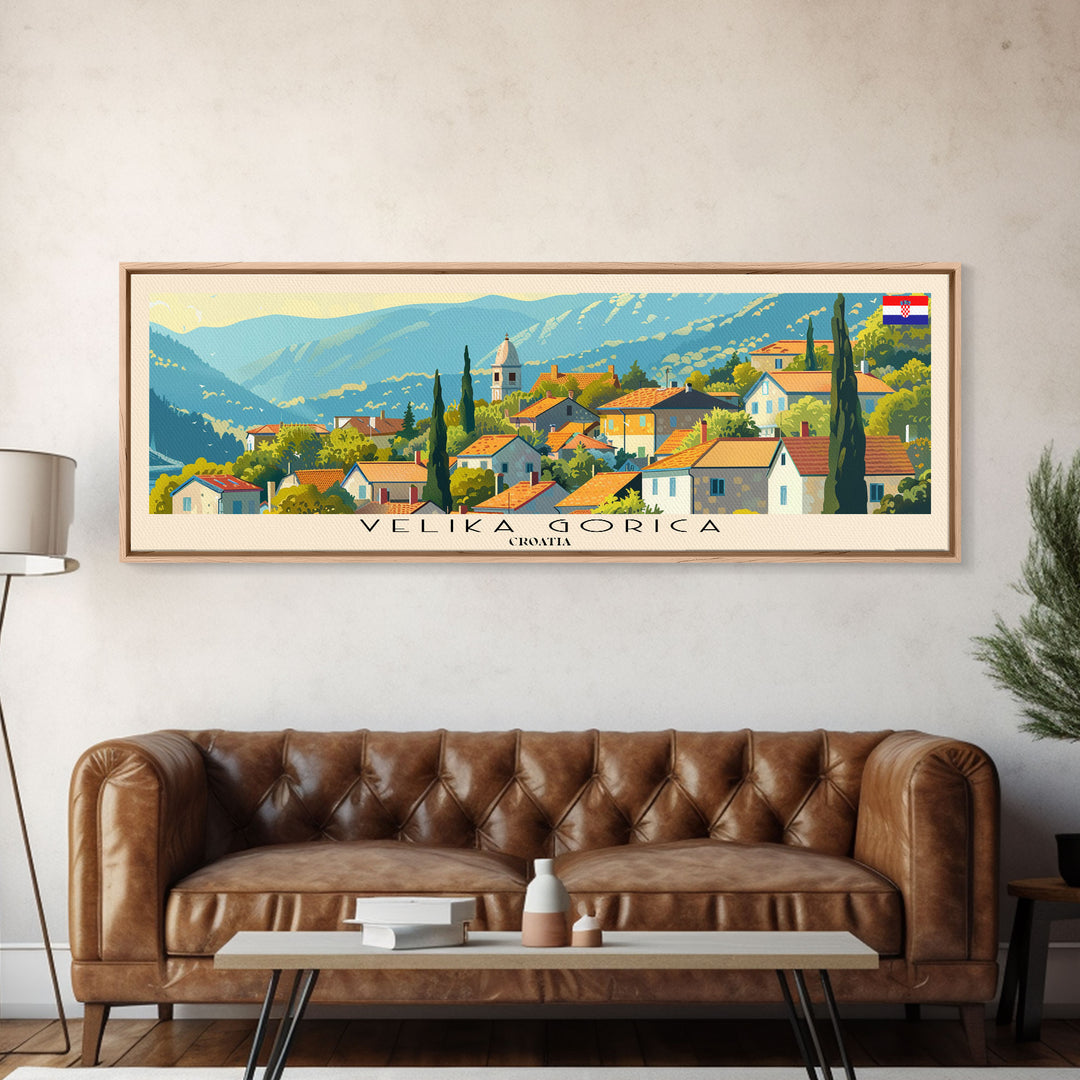 Velika Gorica Croatia Panoramic Travel Poster, Framed Canvas Print or Metal Wall Art, Travel Art, Home Decor, Panoramic Painting, Midcentury Art