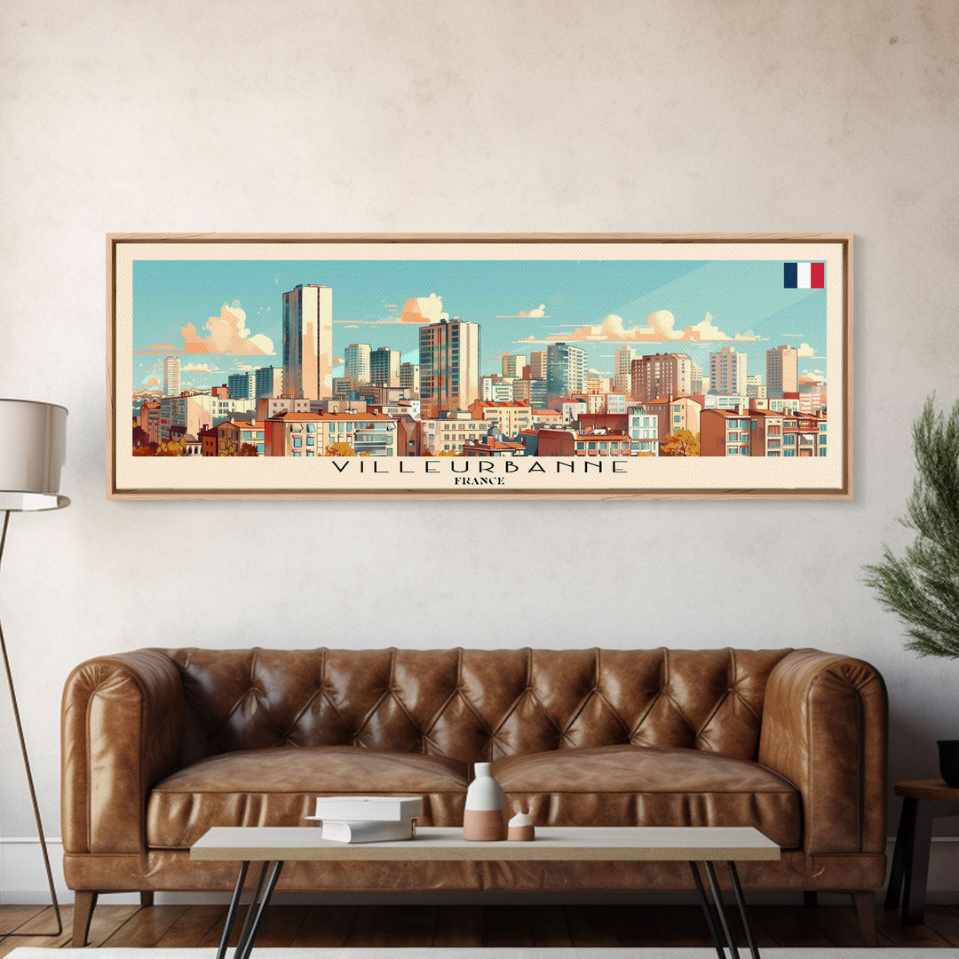 Villeurbanne France Panoramic Travel Poster, Framed Canvas Print or Metal Wall Art, Travel Art, Home Decor, Panoramic Painting, Midcentury Art