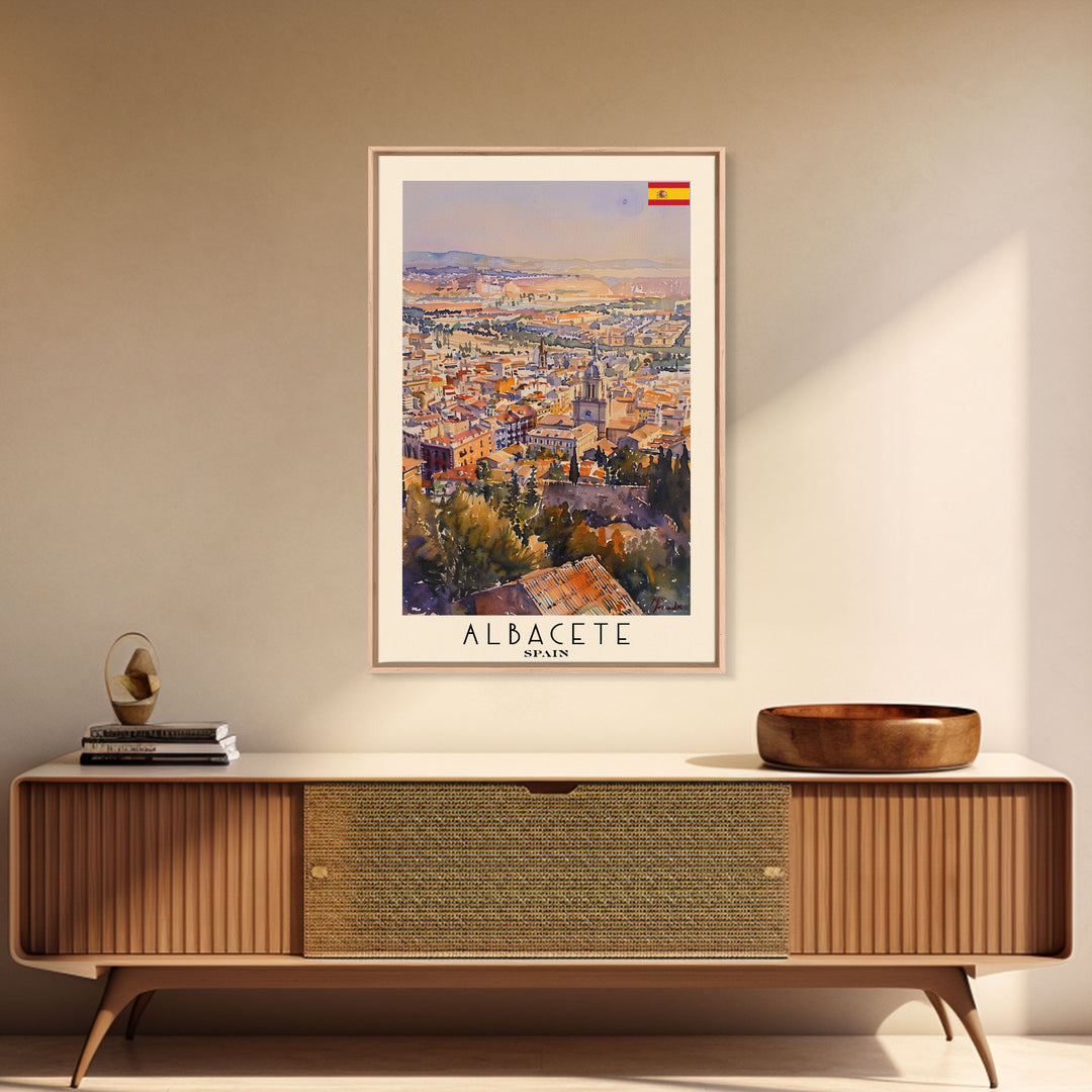 Albacete Spain Skyline Travel Poster Art, Framed Canvas Print, Vibrant Wall Art for Living Room, Bedroom Decor, Home Decoration