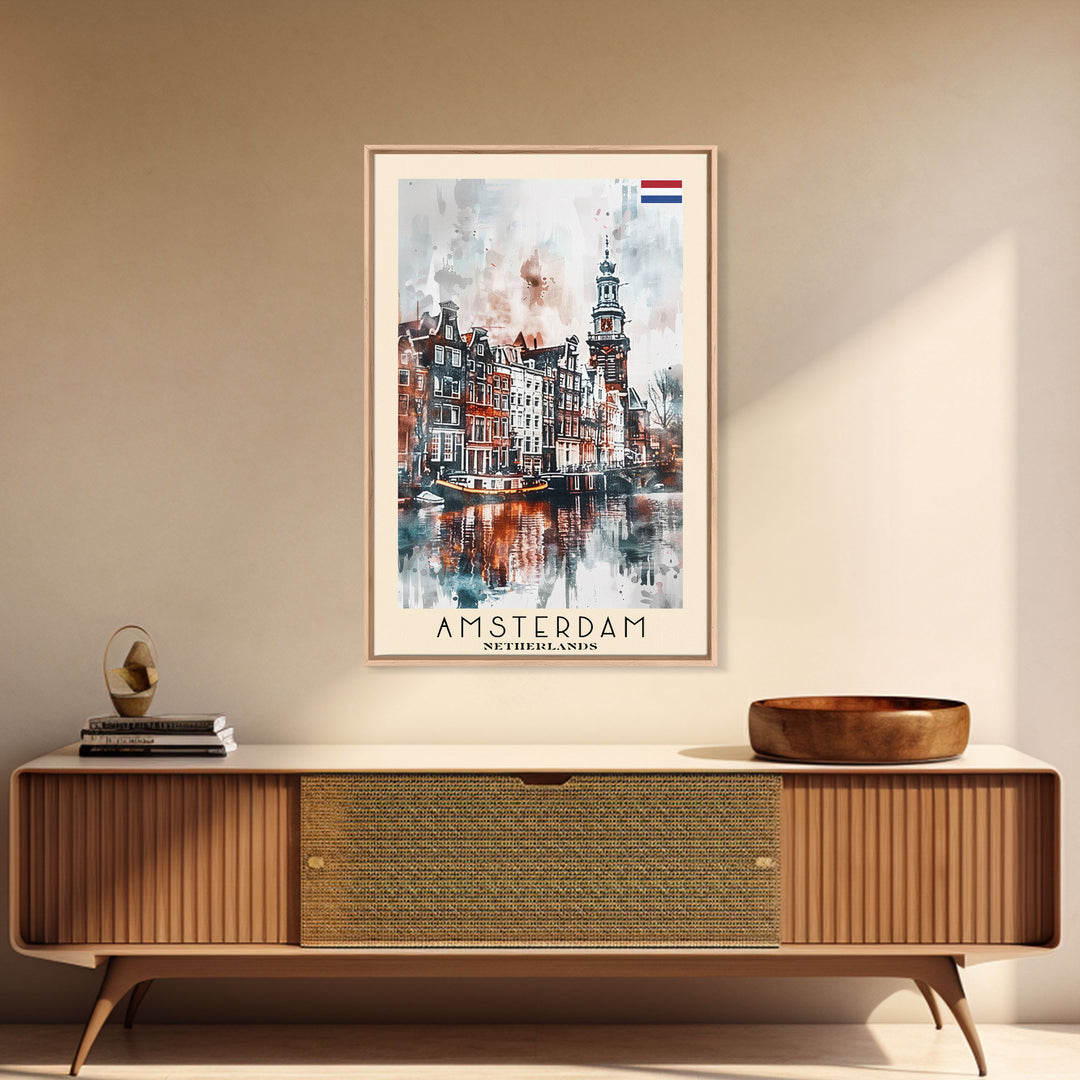 Stunning Amsterdam Cityscape, Framed Canvas Print, Perfect for Living Room Art, Travel Poster, Boho Home Decor, Watercolor Art