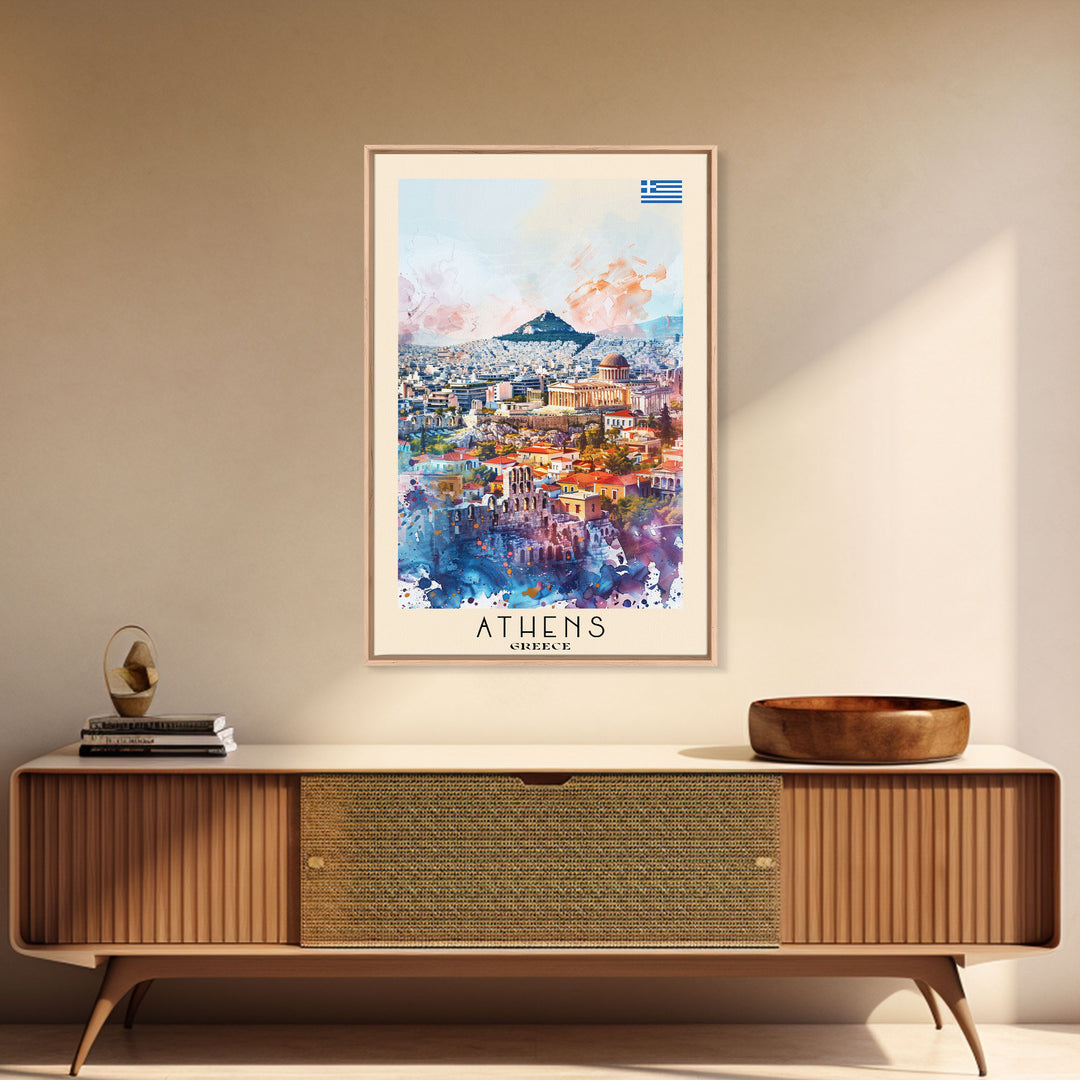 Athens Greece Travel Poster Framed Canvas Print, Wall Art, Home Decor, Vacation Print, Watercolor Painting, Ancient Ruins, Historical Art