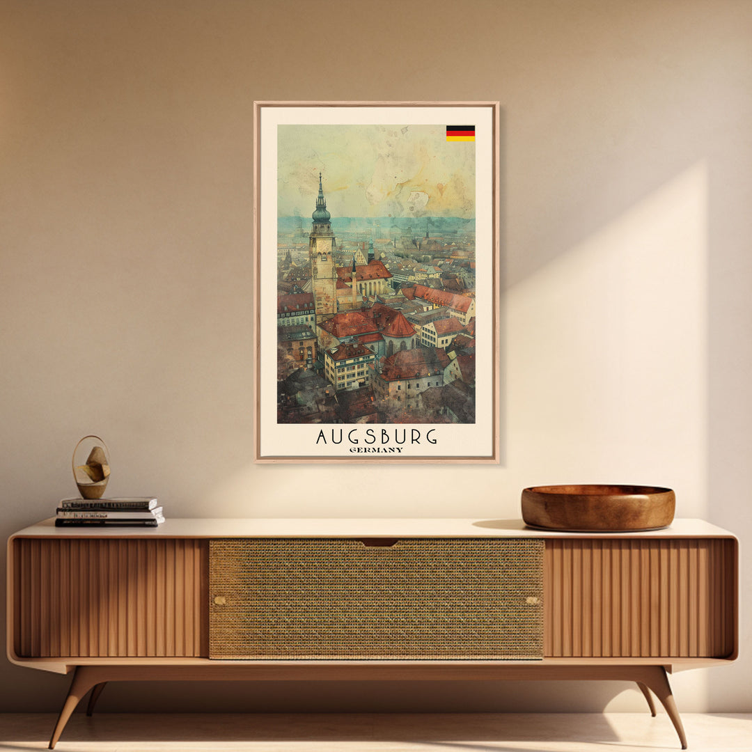 Augsburg Germany Travel Poster Framed Canvas Print, Wall Art, Home Decor, Travel Print, Watercolor Painting, Historical Cityscape, Original Art