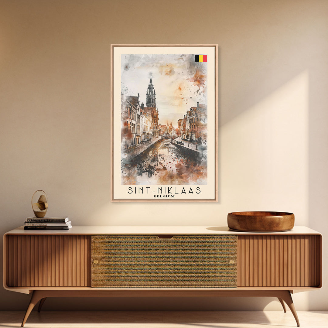 Sint-Niklaas Belgium Travel Poster Framed Canvas Print, Watercolor Painting, Scenic Wall Art, Home Decor, Belgian Cityscape, Classic Decor