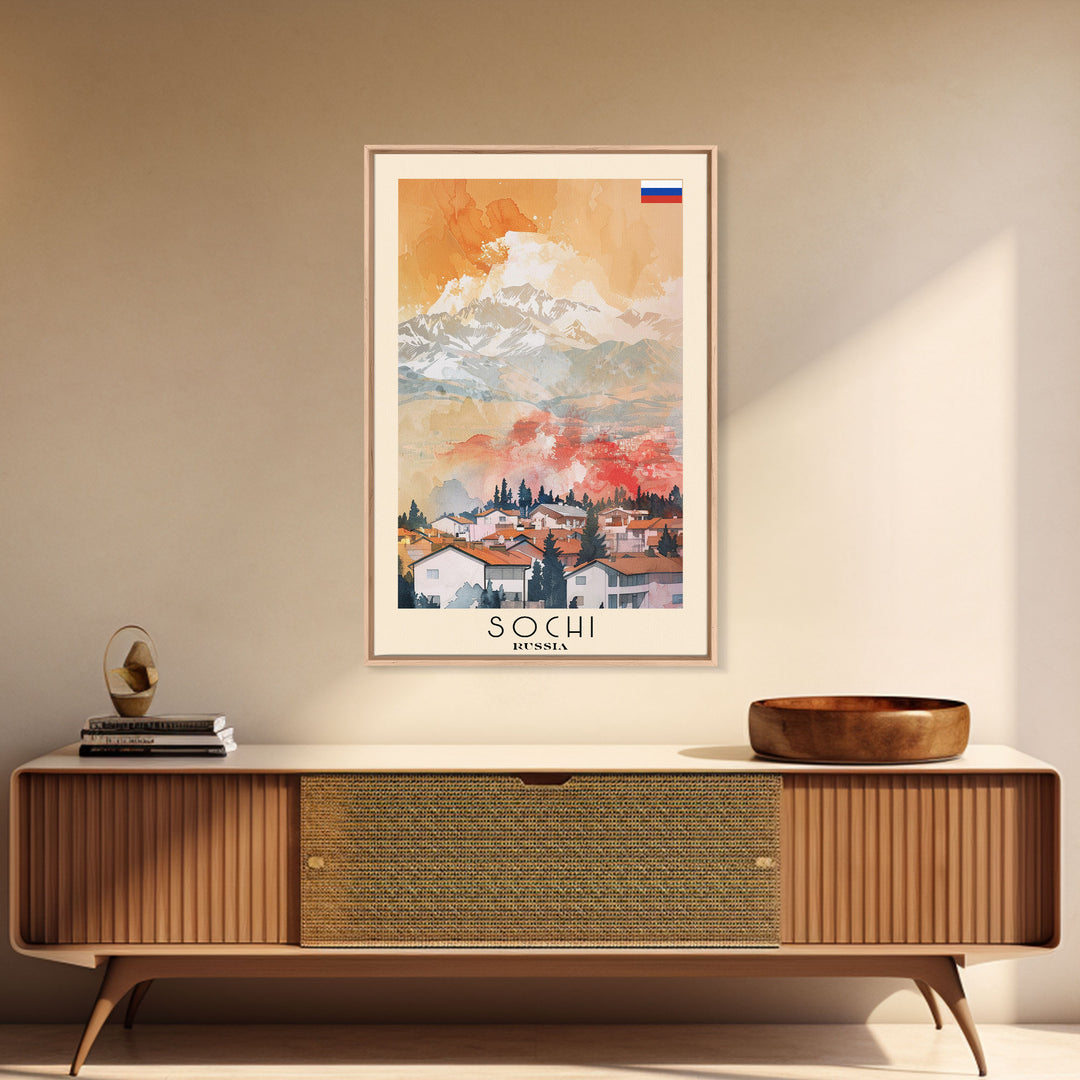 Sochi Russia Travel Poster Framed Canvas Print, Watercolor Painting, Coastal Wall Art, Home Decor, Russian Seaside, Vibrant Art