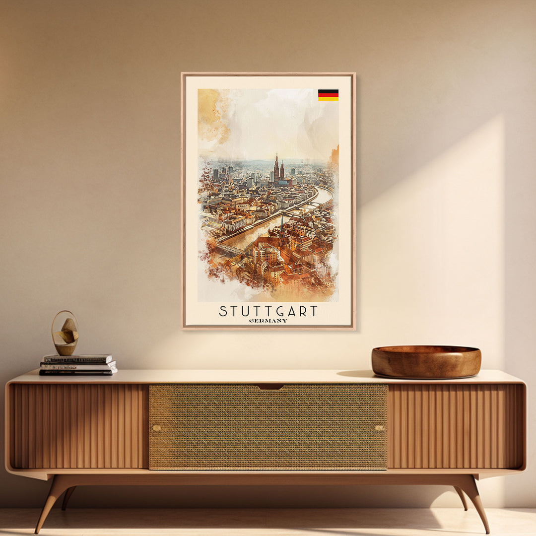 Stuttgart Germany Travel Poster Framed Canvas Print, Watercolor Painting, Urban Wall Art, Home Decor, German Cityscape, Modern Art