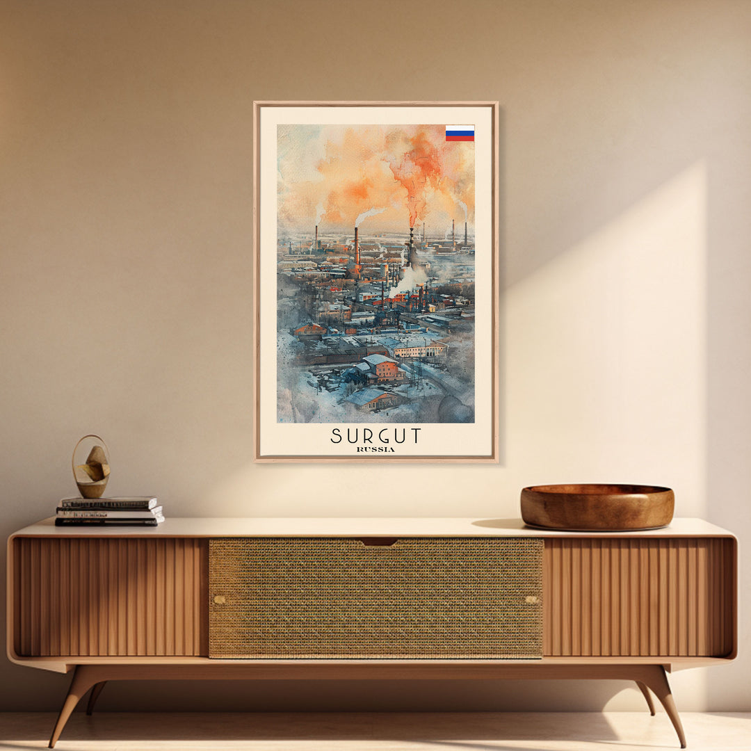 Surgut Russia Travel Poster Framed Canvas Print, Watercolor Painting, Scenic Wall Art, Home Decor, Russian Landscape, Minimalist Art