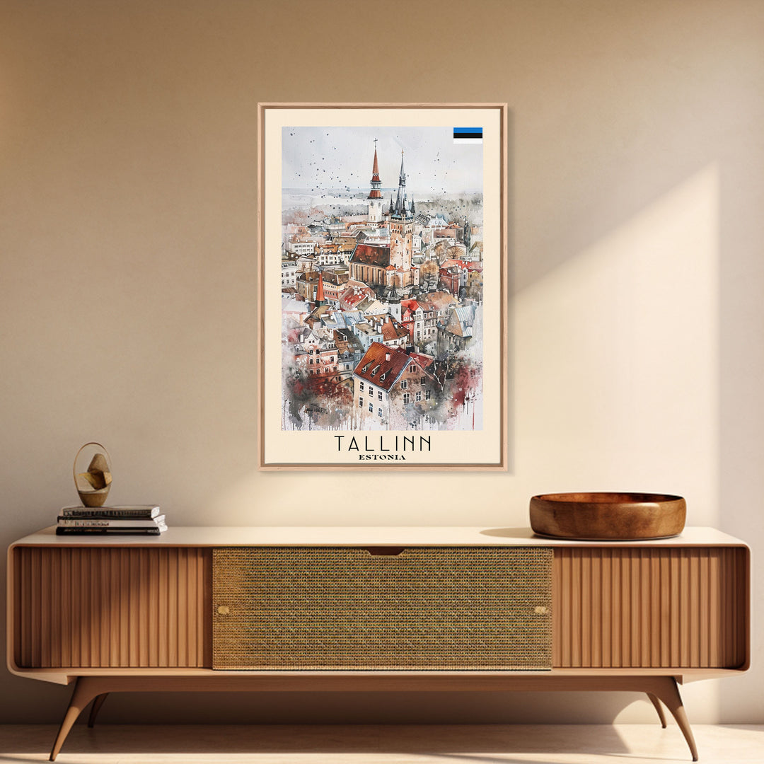 Tallinn Estonia Travel Poster Framed Canvas Print, Watercolor Painting, Scenic Wall Art, Home Decor, Estonian Cityscape, Modern Art