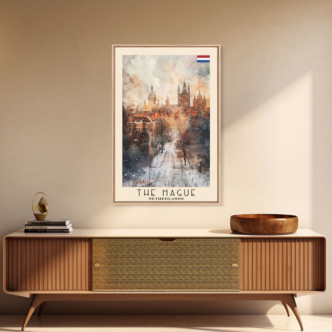 The Hague Netherlands Travel Poster Framed Canvas Print, Watercolor Painting, Scenic Wall Art, Home Decor, Dutch Cityscape, Artistic Art