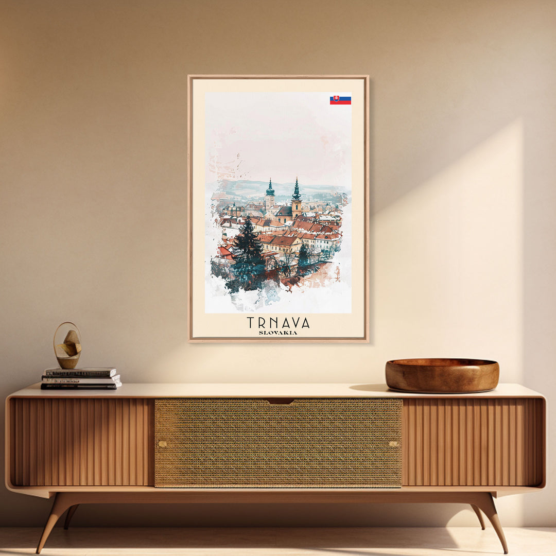 Trnava Slovakia Travel Poster Framed Canvas Print, Watercolor Painting, Scenic Wall Art, Home Decor, Slovakian Cityscape, Modern Decor