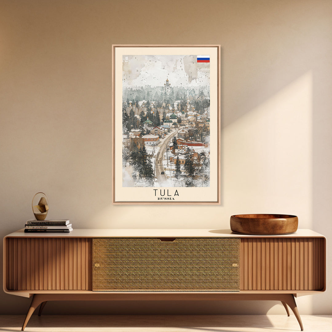 Tula Russia Travel Poster Framed Canvas Print, Watercolor Painting, Urban Wall Art, Home Decor, Russian Cityscape, Classic Art