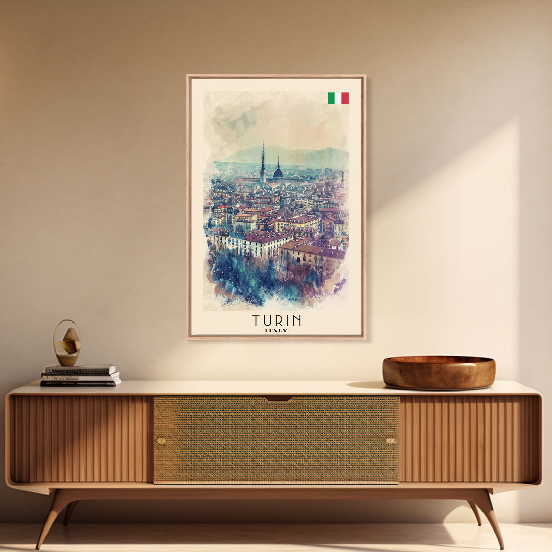 Turin Italy Travel Poster Framed Canvas Print, Watercolor Painting, Urban Wall Art, Home Decor, Italian Cityscape, Vintage Decor