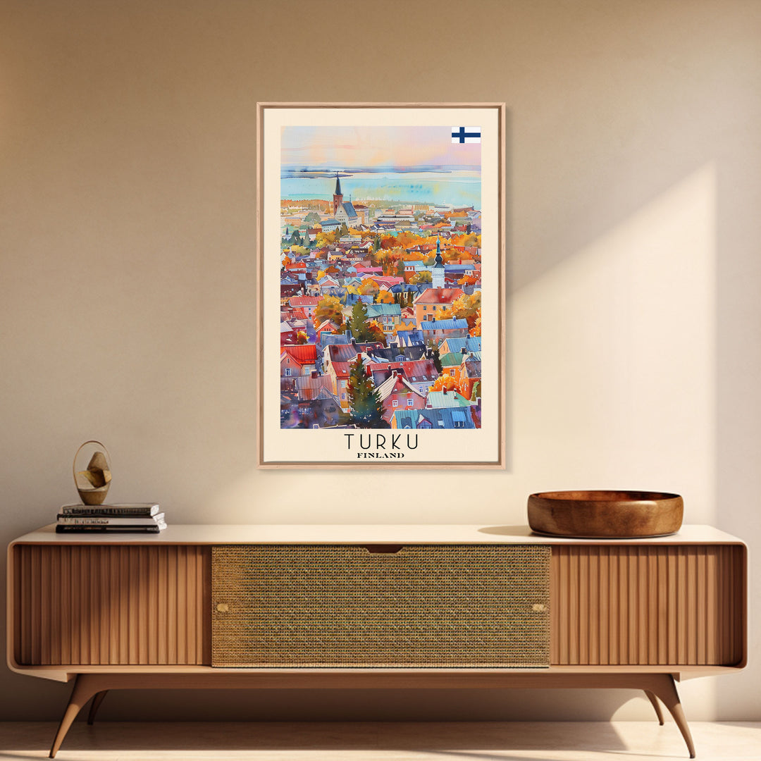 Turku Finland Travel Poster Framed Canvas Print, Watercolor Painting, Coastal Wall Art, Home Decor, Finnish Seaside, Contemporary Decor