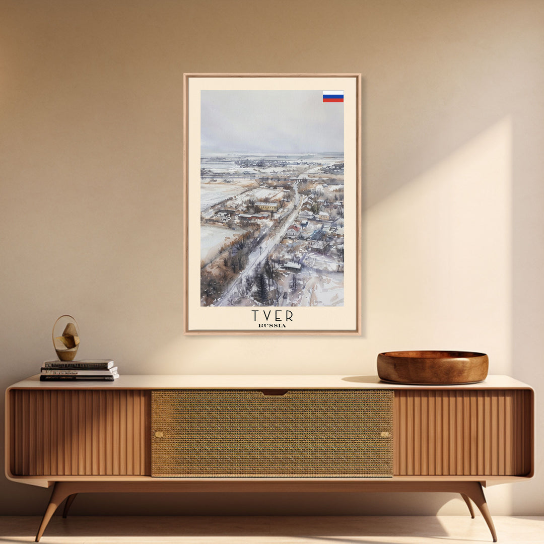 Tver Russia Travel Poster Framed Canvas Print, Watercolor Painting, Scenic Wall Art, Home Decor, Russian Landscape, Rustic Decor