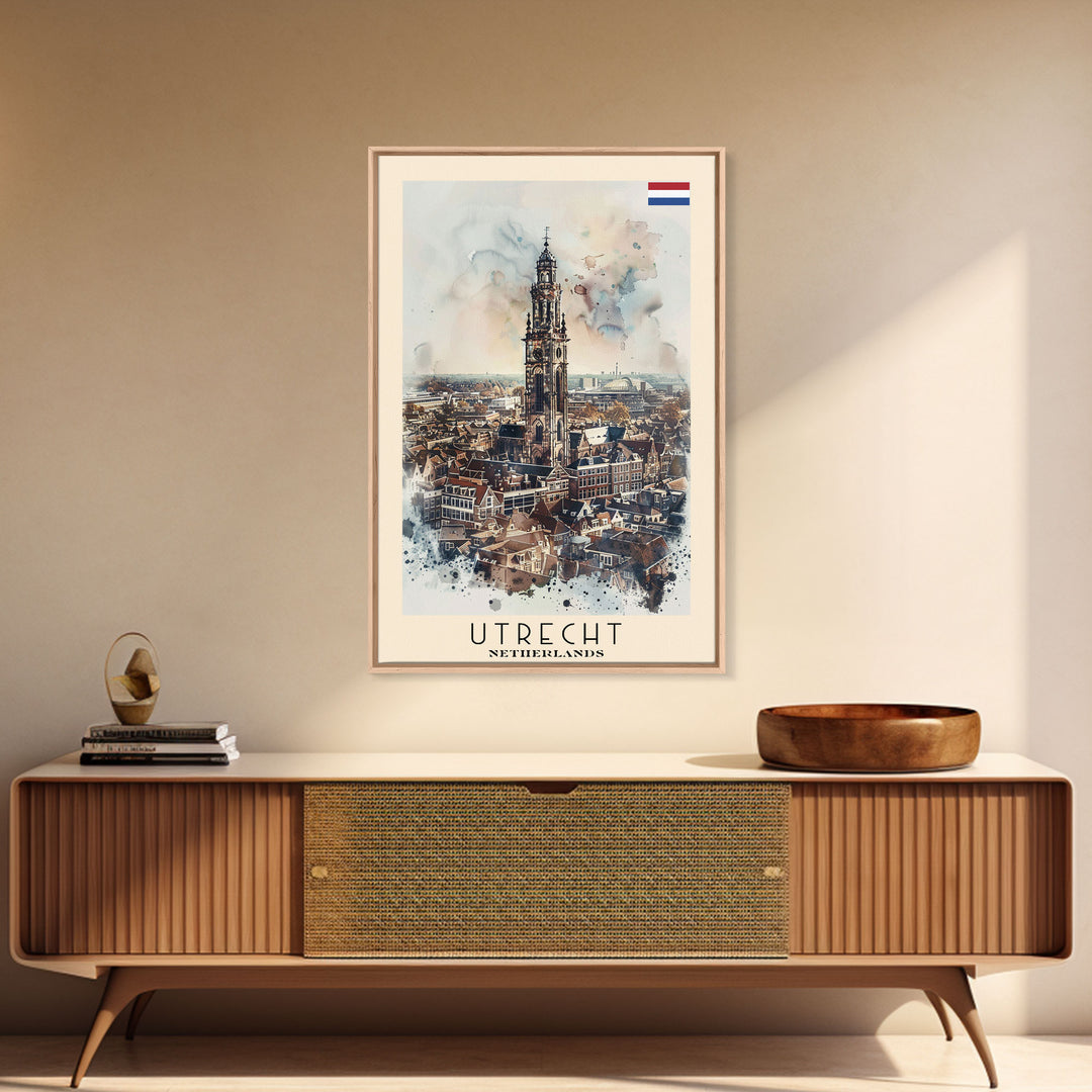 Utrecht Netherlands Travel Poster Framed Canvas Print, Watercolor Painting, Urban Wall Art, Home Decor, Dutch Cityscape, Trendy Art