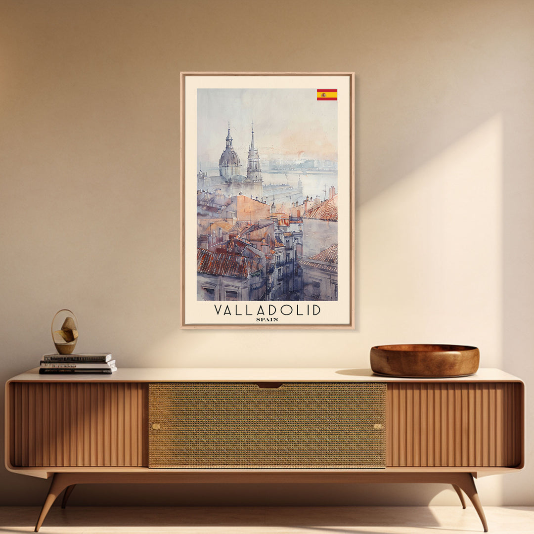 Valladolid Spain Travel Poster Framed Canvas Print, Watercolor Painting, Scenic Wall Art, Home Decor, Spanish Cityscape, Heritage Decor