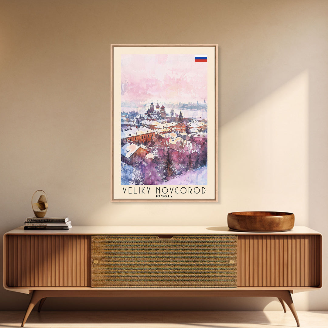 Veliky Novgorod Russia Travel Poster Framed Canvas Print, Watercolor Painting, Historic Wall Art, Home Decor, Russian Architecture, Classic Decor