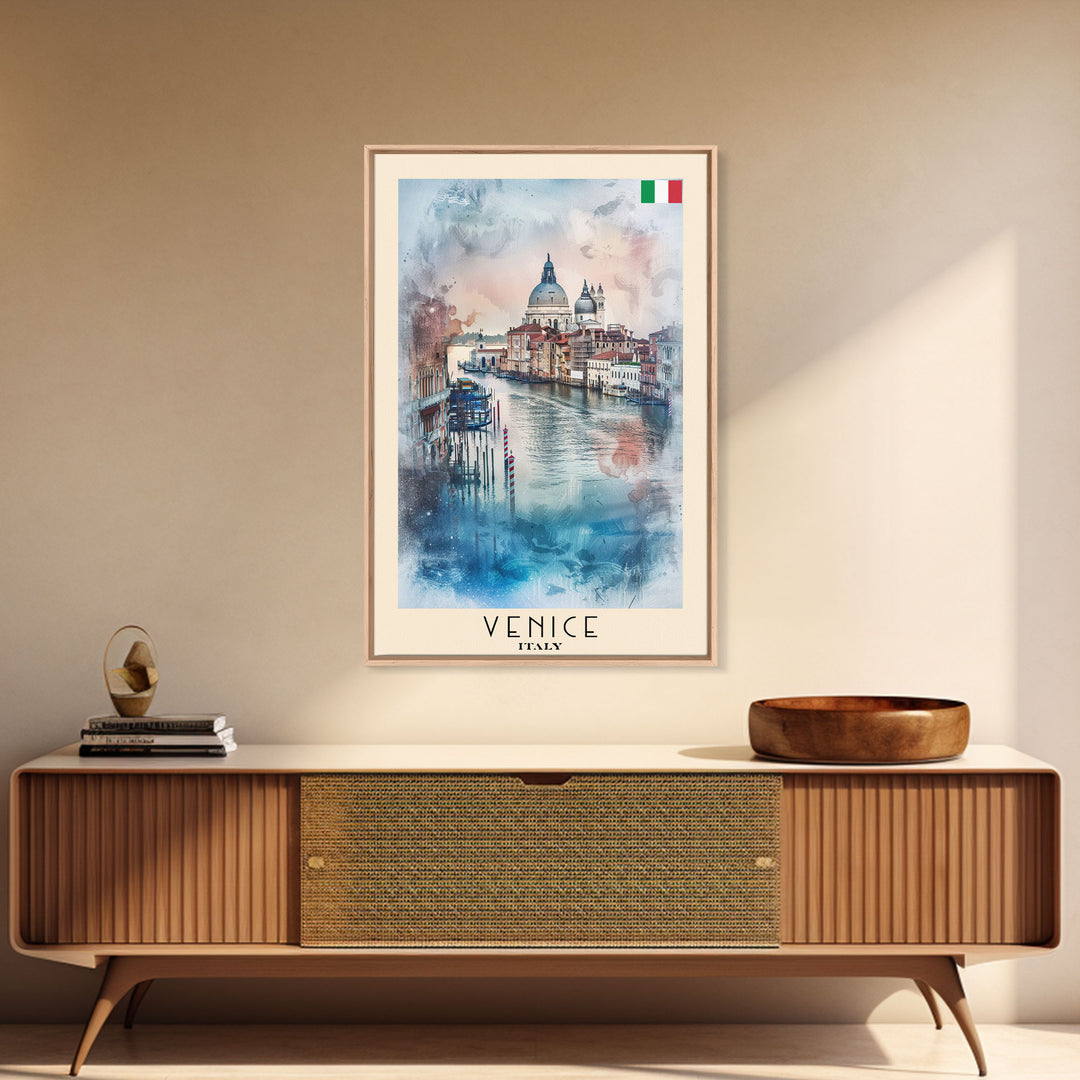 Venice Italy Travel Poster Framed Canvas Print, Watercolor Painting, Scenic Wall Art, Home Decor, Italian Canals, Romantic Decor