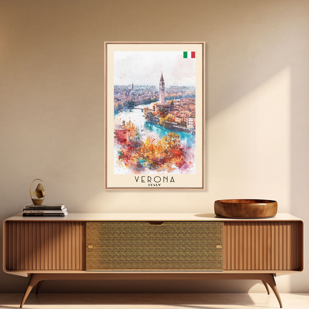 Verona Italy Travel Poster Framed Canvas Print, Watercolor Painting, Historic Wall Art, Home Decor, Italian Cityscape, Shakespearean Decor