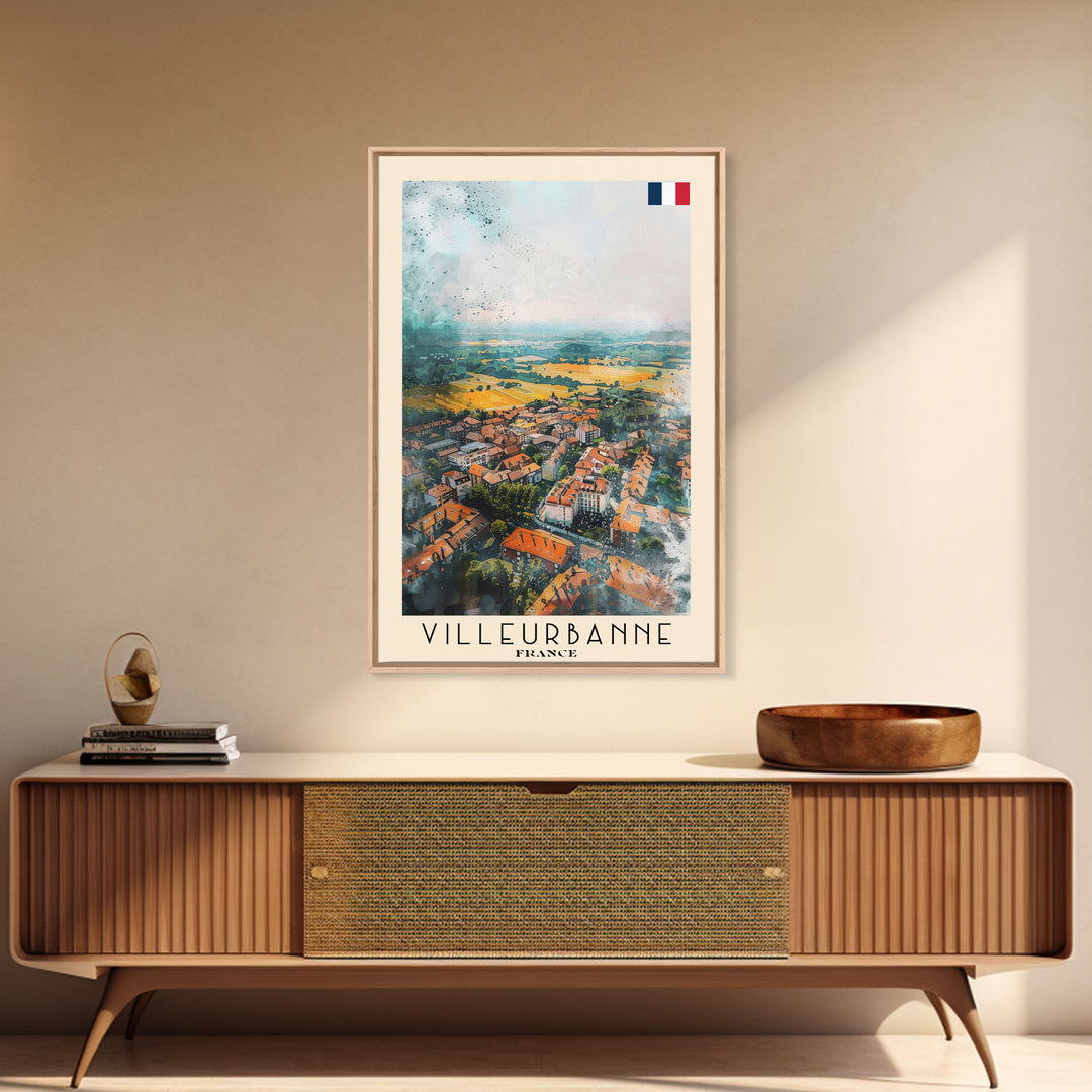 Villeurbanne France Travel Poster Framed Canvas Print, Watercolor Painting, Urban Wall Art, Home Decor, French Cityscape, Contemporary Decor