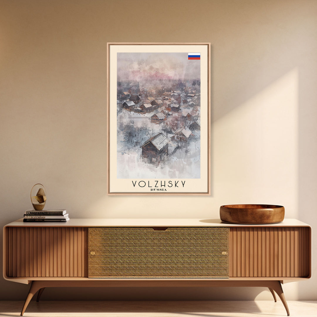 Volzhsky Russia Travel Poster Framed Canvas Print, Watercolor Painting, Urban Wall Art, Home Decor, Russian Cityscape, Classic Decor