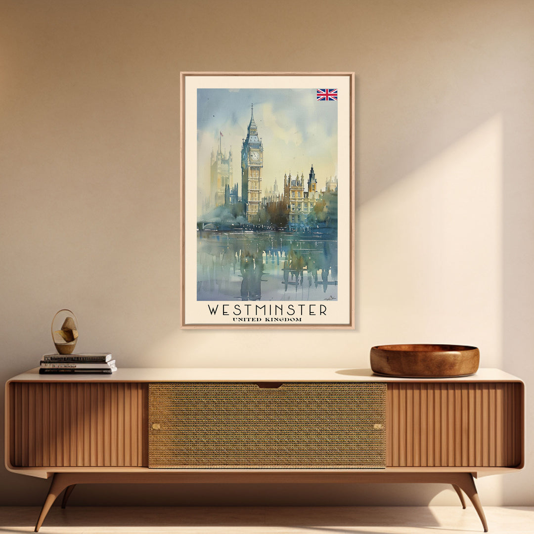 Westminster United Kingdom Travel Poster Framed Canvas Print, Watercolor Painting, Urban Wall Art, Home Decor, British Cityscape, Gift for Travelers