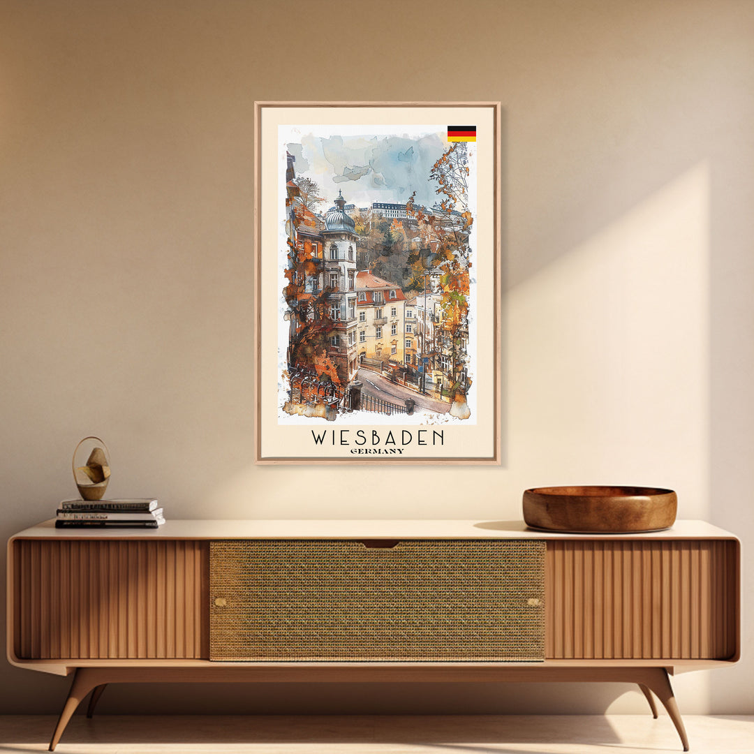 Wiesbaden Germany Travel Poster Framed Canvas Print, Watercolor Painting, Scenic Wall Art, Home Decor, German Cityscape, Artistic Gift