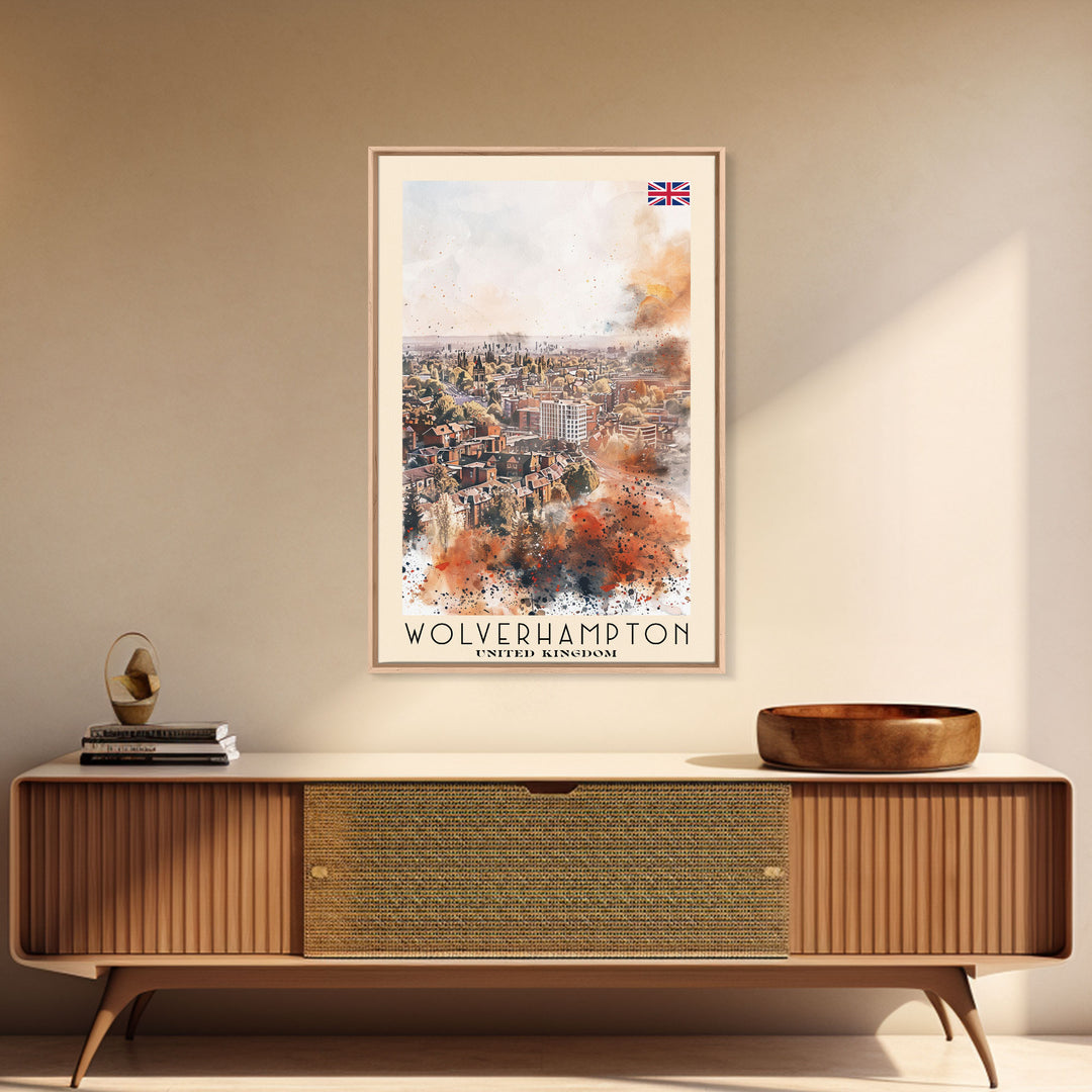 Wolverhampton United Kingdom Travel Poster Framed Canvas Print, Watercolor Painting, Urban Wall Art, Home Decor, British Cityscape, Gift for Art Lovers