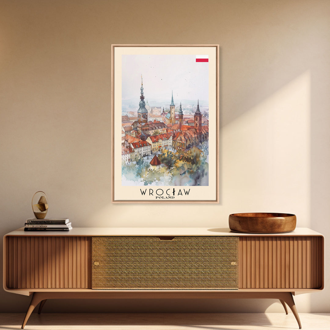 Wrocław Poland Travel Poster Framed Canvas Print, Watercolor Painting, Urban Wall Art, Home Decor, Polish Cityscape, Special Gift