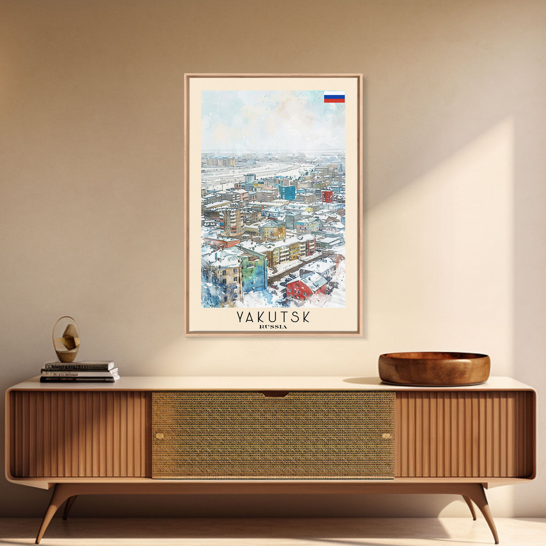 Yakutsk Russia Travel Poster Framed Canvas Print, Watercolor Painting, Scenic Wall Art, Home Decor, Russian Landscape, Unique Gift