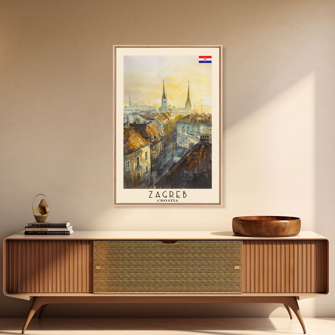 Zagreb Croatia Travel Poster Framed Canvas Print, Watercolor Painting, Urban Wall Art, Home Decor, Croatian Cityscape, Gift for Travelers