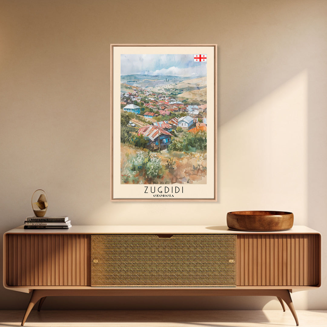 Zugdidi Georgia Travel Poster Framed Canvas Print, Watercolor Painting, Scenic Wall Art, Home Decor, Georgian Landscape, Thoughtful Gift