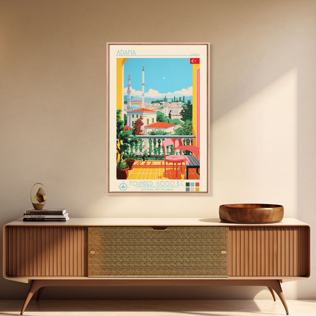 Adana Turkey Travel Poster Framed Canvas Print, Midcentury Modern Art, Pop Art Decor, Scenic View Wall Art, Vacation Gift, Home Decoration, Living Room Print