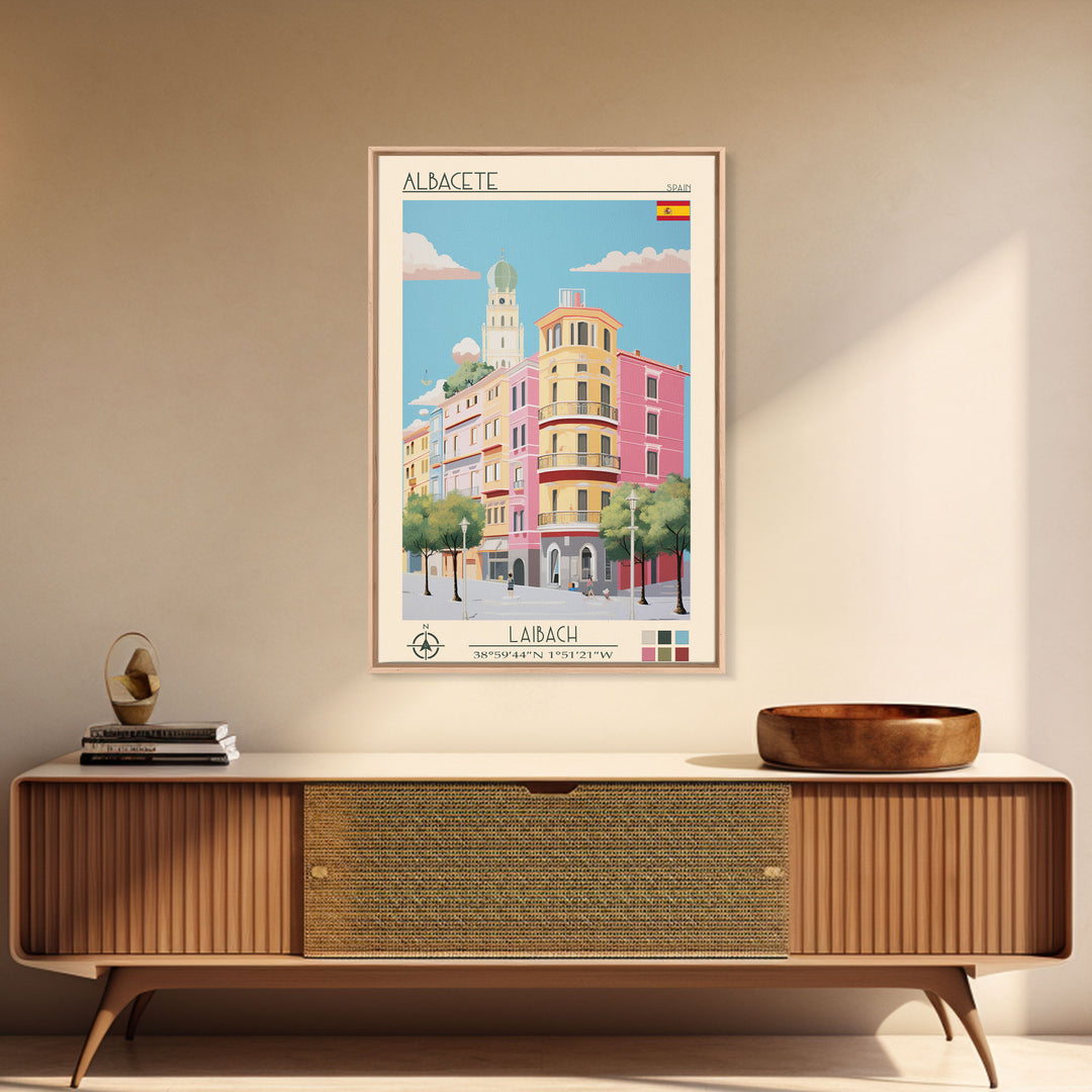 Albacete Spain Travel Poster Framed Canvas Print, Midcentury Modern Art, Pop Art Decor, Scenic View Wall Art, Vacation Gift, Home Decoration, Living Room Print