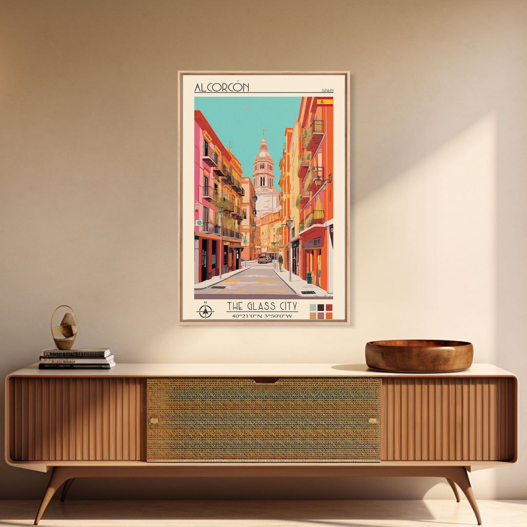 Alcorcón Spain Travel Poster Framed Canvas Print, Midcentury Modern Art, Pop Art Decor, Wall Art, Vacation Gift, Living Room Decoration, Scenic Print