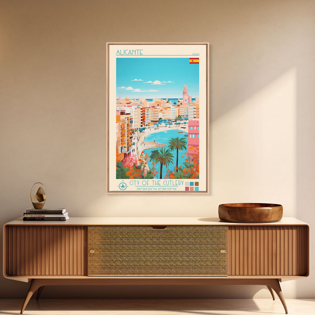 Alicante Spain Travel Poster Framed Canvas Print, Midcentury Modern Art, Pop Art Decor, Wall Art, Vacation Gift, Living Room Decoration, Scenic Print