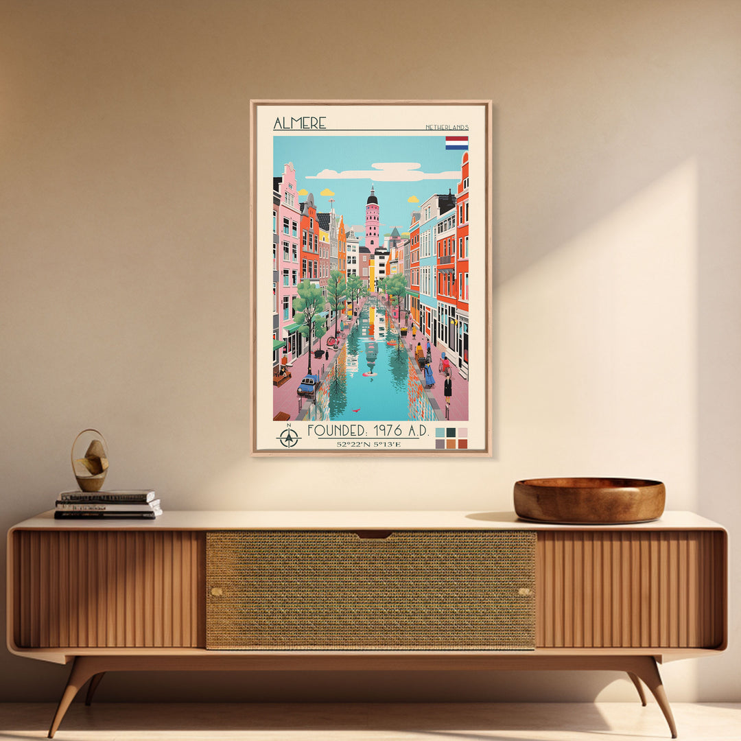 Almere Netherlands Travel Poster Framed Canvas Print, Midcentury Modern Art, Pop Art Decor, Wall Art, Vacation Gift, Living Room Decoration, Scenic Print