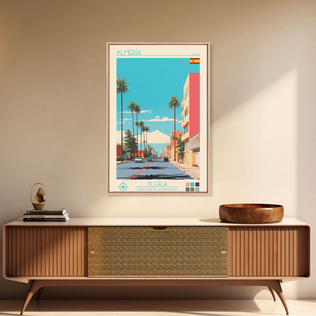 Almeria Spain Travel Poster Framed Canvas Print, Midcentury Modern Art, Pop Art Decor, Wall Art, Vacation Gift, Living Room Decoration, Scenic Print