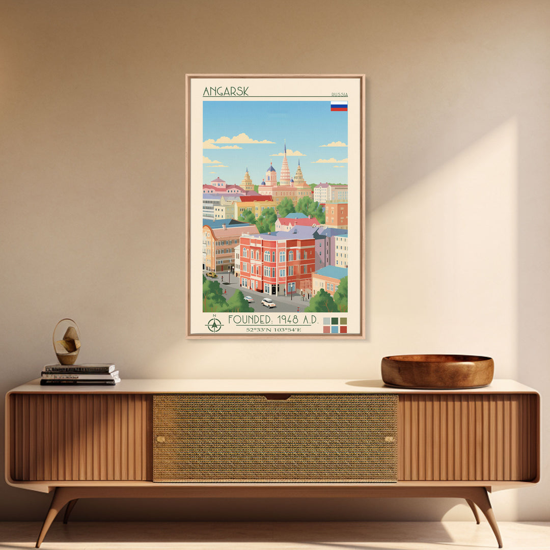 Angarsk Russia Travel Poster Framed Canvas Print, Midcentury Modern Art, Pop Art Decor, Wall Art, Vacation Gift, Living Room Decoration, Scenic Print