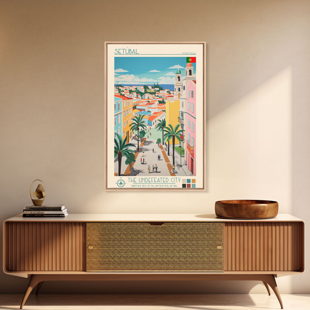 Setúbal Portugal Travel Poster Framed Canvas Print, Midcentury Modern Art, Pop Art Wall Decor, Scenic Wall Art, Office Decoration