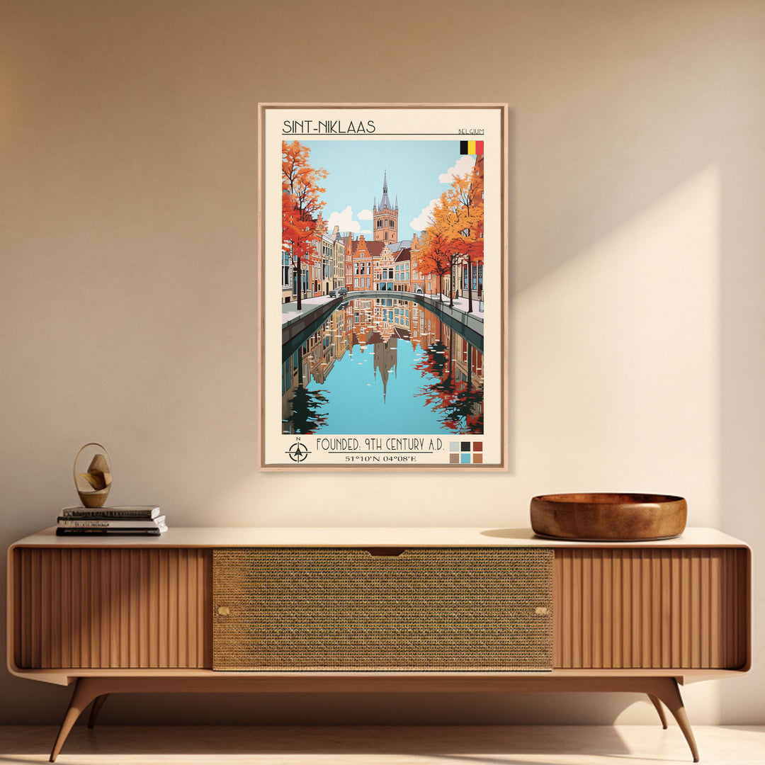 Sint-Niklaas Belgium Travel Poster Framed Canvas Print, Midcentury Modern Art, Pop Art Wall Decor, Scenic Wall Art, Bedroom Decoration