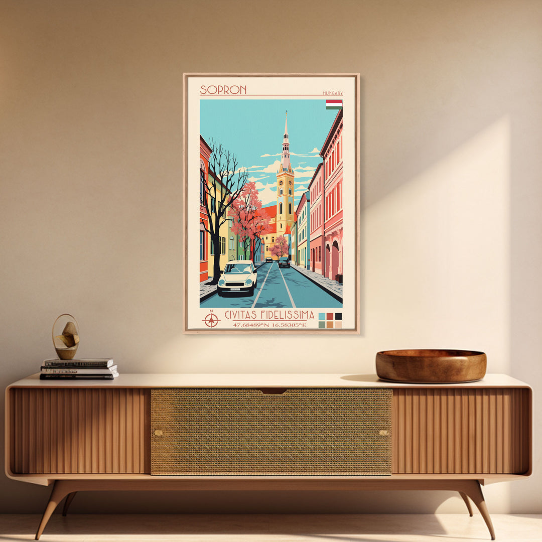 Sopron Hungary Travel Poster Framed Canvas Print, Midcentury Modern Art, Pop Art Wall Decor, Bedroom Decor, Vacation Gift