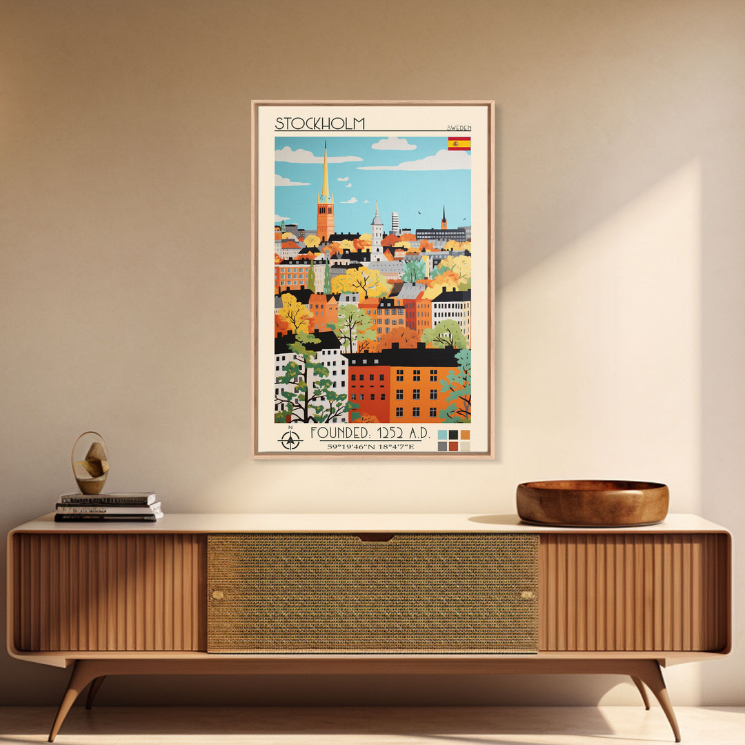 Stockholm Sweden Travel Poster Framed Canvas Print, Midcentury Modern Art, Pop Art Wall Decor, Living Room Art, Scenic Wall Art