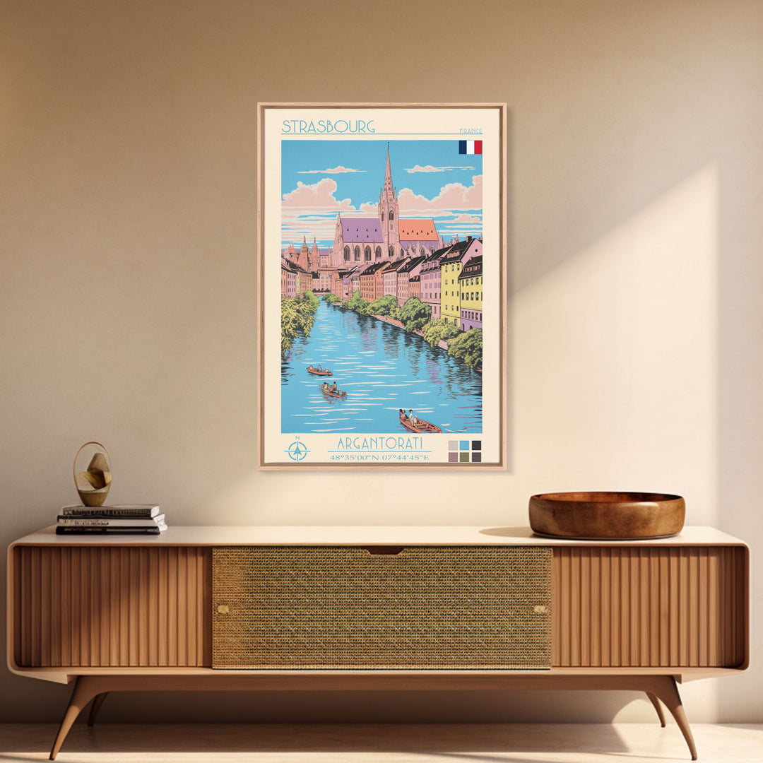 Strasbourg France Travel Poster Framed Canvas Print, Midcentury Modern Art, Pop Art Wall Decor, Living Room Art, Home Decoration